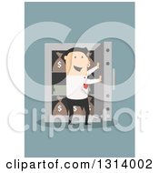 Clipart Of A Flat Design White Businessman Opening A Vault Full Of Money On Blue Royalty Free Vector Illustration by Vector Tradition SM