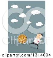 Flat Design Of A White Businessman Running Down Hill From A Big Coin On Blue