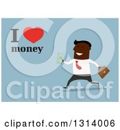 Poster, Art Print Of Flat Design Black Business Man Running With Text And I Love Money Text On Blue