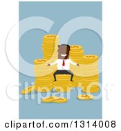 Poster, Art Print Of Flat Design Of A Black Businessman With Stacks Of Coins On Blue