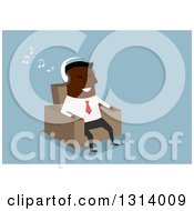 Poster, Art Print Of Flat Modern Black Businessman Listening To Music And Sitting In A Chair Over Blue
