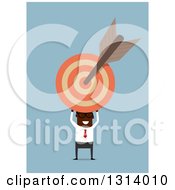 Poster, Art Print Of Flat Modern Bespectacled Black Businessman Holding A Target With An Arrow Over Blue