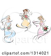 Poster, Art Print Of Sketched Brides In Yellow Pink And Blue Dresses 2