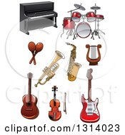Clipart Of A Cartoon Piano Drum Set Lyre Saxophone Trumpet Maracas Guitars And Violin Royalty Free Vector Illustration by Vector Tradition SM