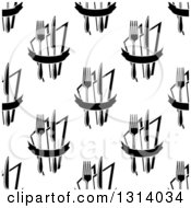 Poster, Art Print Of Seamless Black And White Background Pattern Of Forks Knives And Napkins