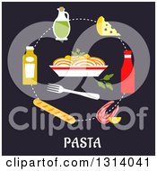 Poster, Art Print Of Flat Design Of Ingredients Around A Bowl Of Pasta Over Text