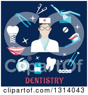 Clipart Of A Flat Design Of A Female Dentist With Tools And Items Over Text On Blue Royalty Free Vector Illustration