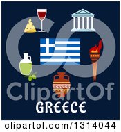 Flat Design Of Traditional Greek Items And Flag Over Text On Blue