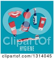 Poster, Art Print Of Flat Design Of Dental Items Over Hygiene Text On Blue