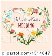Clipart Of A Heart Floral Wreath With Wedding Sample Text On Tan Royalty Free Vector Illustration