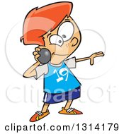 Track And Field Red Haired White Boy Throwing A Shot Put