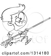 Lineart Clipart Of A Black And White Track And Field Pole Vault Boy Running Royalty Free Outline Vector Illustration