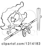 Lineart Clipart Of A Black And White Happy Black Track And Field African Girl Doing The High Jump Royalty Free Outline Vector Illustration