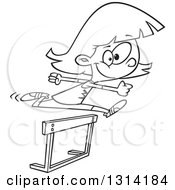 Lineart Clipart Of A Black And White Track And Field Girl Leaping A Track Hurdle Royalty Free Outline Vector Illustration by toonaday