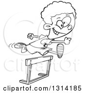 Lineart Clipart Of A Black And White Track And Field African Boy Leaping A Track Hurdle Royalty Free Outline Vector Illustration
