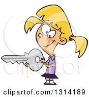 Cartoon Blond White Girl Holding A Big Key