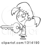 Outline Clipart Of A Cartoon Black And White Girl Holding A Big Key Royalty Free Lineart Vector Illustration by toonaday