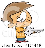 Clipart Of A Cartoon Brunette White Boy Holding A Big Key Royalty Free Vector Illustration