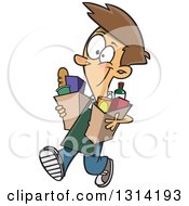 Cartoon Happy Brunette White Teenage Boy Carrying Out Groceries