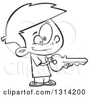 Lineart Clipart Of A Black And White Cartoon Boy Holding A Big Key Royalty Free Outline Vector Illustration
