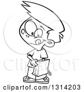 Lineart Clipart Of A Black And White Cartoon Boy Reaching Into A Grab Bag Royalty Free Outline Vector Illustration