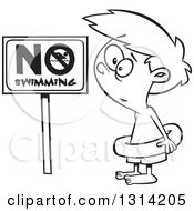 Lineart Clipart Of A Black And White Cartoon Boy Wearing An Inner Tube By A No Swimming Sign Royalty Free Outline Vector Illustration