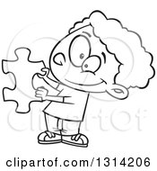 Lineart Clipart Of A Black And White Cartoon Happy African Boy Holding A Blue Puzzle Piece Royalty Free Outline Vector Illustration