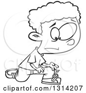 Lineart Clipart Of A Black And White Cartoon Distressed African Boy With A Knot In His Shoe Laces Royalty Free Outline Vector Illustration
