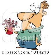 Cartoon Brunette White Man Holding A Can Of Worms