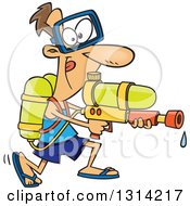 Cartoon Playful Brunette White Man Armed With A Soaker Water Gun