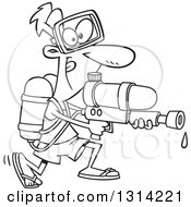 Lineart Clipart Of A Cartoon Black And White Playful Man Armed With A Soaker Water Gun Royalty Free Outline Vector Illustration by toonaday