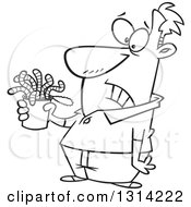 Cartoon Black And White Man Holding A Can Of Worms