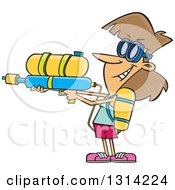 Cartoon Playful Brunette White Woman Armed With A Soaker Water Gun