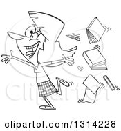 Poster, Art Print Of Black And White Cartoon Excited Female Teacher Running Gleefully And Throwing Up Books