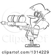 Outline Clipart Of A Black And White Cartoon Playful Woman Armed With A Soaker Water Gun Royalty Free Lineart Vector Illustration