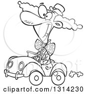 Poster, Art Print Of Black And White Cartoon Happy Clown Driving A Tiny Car