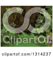 Poster, Art Print Of Nature Background Of A Forest Floor With Grass Ivy Flowers And Ferns With A Thin Green Border