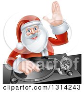 Poster, Art Print Of Happy Christmas Santa Claus Dj Mixing Music On A Turntable And Waving