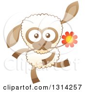Poster, Art Print Of Cute Cartoon Happy Baby Sheep Running With A Flower In His Mouth
