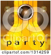 Poster, Art Print Of 3d Music Speaker On Gold Steps With Suspended Disco Music Balls And Flares Over Party Text