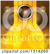 Poster, Art Print Of 3d Music Speaker On Gold Steps With Suspended Disco Music Balls And Flares