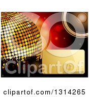 Poster, Art Print Of Shiny Gold Microphone Text Box And Music Speaker Over Flares A 3d Giant Disco Ball And Silhouetted Hands