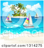 Poster, Art Print Of White Sand Beach With Sailboats And A Tropical Island