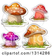 Clipart Of Sticker Styled Mushrooms With Grass And White Outlines Royalty Free Vector Illustration
