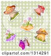 Poster, Art Print Of Sticker Styled Mushrooms And Flowers With White Outlines Over A Green Polka Dot Pattern
