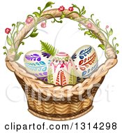 Wicker Basket With A Floral Vine And Ornate Easter Eggs