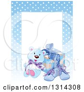Poster, Art Print Of Baby Boy Teddy Bear Shoes And Gift With Text Space And A Border Of Polka Dots On Blue