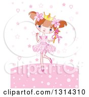 Poster, Art Print Of Cartoon Brunette White Princess Girl Holding A Wand Over Pink Stars Dots And Hearts