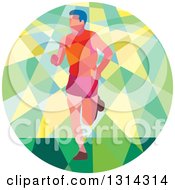 Poster, Art Print Of Retro Geometric Low Poly Male Marathon Runner In A Green And Yellow Circle