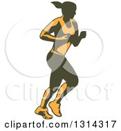 Poster, Art Print Of Retro Yellow And Olive Green Female Marathon Runner